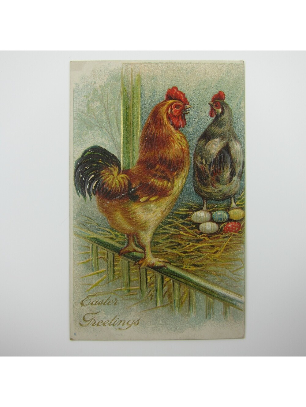 Easter Postcard Rooster & Chicken Decorated Easter Eggs Embossed Antique 1910